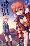  3girls :d akeome black_hair blue_scarf cloud coat hand_in_pocket happy_new_year hood hoodie michi multiple_girls new_year open_mouth orange_scarf original red_hair scarf shrine skirt sky smile stone_lantern striped striped_scarf sweater twintails yellow_eyes 