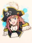  :d blue_eyes character_name cravat epaulettes hair_ornament hairclip hat hat_feather katou_marika long_hair miniskirt_pirates open_mouth pink_hair pirate pirate_hat portrait skull_and_crossbones smile solo teeth upper_body zero_hime 
