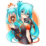  aqua_eyes aqua_hair bespectacled glasses hatsune_miku long_hair looking_at_viewer midriff minigirl nail_polish navel nigo red-framed_eyewear smile solo twintails very_long_hair vocaloid vocaloid_(lat-type_ver) 