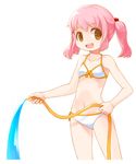  :d bad_id bad_pixiv_id bikini brown_eyes holding hose looking_at_viewer navel open_mouth original pink_hair ran_system simple_background smile solo swimsuit twintails water white_background 