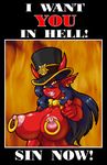  big_breasts black_hair blue_hair bow_tie breasts demien demon ear_piercing english_text erect_nipples female fire hair hat horn lips looking_at_viewer naughty_face nipple_piercing nipples piercing pointy_ears portrait red_skin succubus text top_hat 