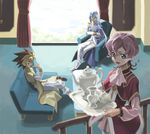  closed_eyes cup green_eyes iii_(yuu-gi-ou_zexal) iv_(yuu-gi-ou_zexal) long_hair multicolored_hair multiple_boys nami_(namiko) pink_hair saucer scar tea teapot tray two-tone_hair v_(yuu-gi-ou_zexal) yuu-gi-ou yuu-gi-ou_zexal 