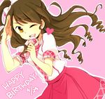  ;d bad_id bad_pixiv_id brown_eyes brown_hair half_updo happy_birthday ichika_(rainyrainy) idolmaster idolmaster_cinderella_girls long_hair microphone one_eye_closed open_mouth pink_check_school salute shimamura_uzuki skirt smile solo 