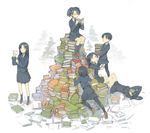  black_hair book book_focus holding holding_book long_hair looking_back looking_up lying multiple_girls necktie open_book original pantyhose pile_of_books school_uniform side_ponytail sitting sitting_on_books skirt socks standing tko_(kkk66) too_many too_many_books twintails 