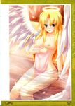  angel angel_wings artbook blonde_hair blue_eyes breasts feathers halo highres kamidori_alchemy_meister legs long_hair medium_breasts melodiana nipples nude official_art onsen partially_submerged scan solo steam towel water wings yakuri 