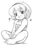  bare_shoulders barefoot butterfly_sitting greyscale hairband heart looking_at_viewer missing_tooth monochrome open_mouth original sagamimok short_hair sitting sketch smile solo 