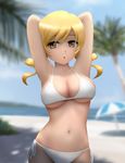  :o armpits arms_up beach bikini blonde_hair breasts cleavage drill_hair highres large_breasts long_hair mahou_shoujo_madoka_magica navel palm_tree side-tie_bikini siraha solo swimsuit tomoe_mami tree twin_drills twintails underboob white_bikini yellow_eyes 