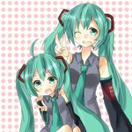  2girls blue_eyes blue_hair chibi_miku hatsune_miku multiple_girls shirt sleeveless sleeveless_shirt vocaloid 