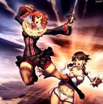  amy_sorel bare_shoulders chai_xianghua chinese_clothes choker closed_eyes drill_hair fur_trim genzoman gothic_lolita kicking left-handed lolita_fashion midriff multiple_girls red_eyes red_hair short_hair short_twintails soulcalibur soulcalibur_iv sword thighhighs twintails weapon 