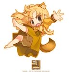  animal_ears barefoot blonde_hair bloomers brown_eyes chibi dress fang fox_ears fox_tail long_hair open_mouth original outstretched_arms ran_system soles solo tail underwear 
