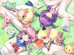  animal_ears bangs blazer blonde_hair blue_eyes blunt_bangs book bow braid cat_(trickster) cat_ears dragon_(trickster) flower green_eyes horns jacket lion_(trickster) multiple_girls necktie pink_hair purple_eyes purple_hair school_uniform sheep_(trickster) trickster twintails 