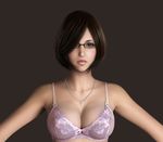  3d bangs bare_shoulders black-framed_eyewear black_background black_hair bow bow_bra bra breasts brown_eyes cleavage eyeshadow glasses hair_over_one_eye jewelry lace lace-trimmed_bra large_breasts lingerie lipstick looking_at_viewer makeup mole mole_under_mouth original outstretched_arms parted_lips pink_bra pink_lipstick realistic short_hair simple_background solo spread_arms swept_bangs underwear underwear_only upper_body veins znz 