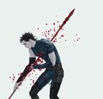  ahoge black_hair fate/zero fate_(series) gae_dearg highres impaled kittybunnypony lancer_(fate/zero) male_focus petals polearm solo spear spoilers stabbed weapon white_background 