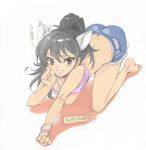  all_fours animal_ears bare_legs barefoot black_eyes black_hair blush cat_ears cutoff_jeans cutoffs fang ganaha_hibiki highres idolmaster idolmaster_(classic) long_hair looking_at_viewer partially_translated paw_pose ponytail shorts sketch solo translation_request yuiganaoha 