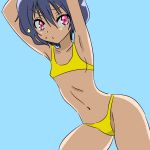  1girl armpits arms_up bikini blue_background blue_hair breasts eyebrows_visible_through_hair flower hair_flower hair_ornament looking_at_viewer mizuno_ai navel pink_hair short_hair simple_background small_breasts solo standing sweatdrop swimsuit tekisui yellow_bikini zombie zombie_land_saga 