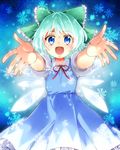  :d blue_hair cirno dress highres ho-cki ice ice_wings open_mouth smile snowflakes solo touhou wings 