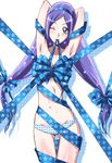  aono_miki aqua_eyes armpits arms_up blue_ribbon bow cowboy_shot fresh_precure! long_hair looking_at_viewer mahkn mouth_hold naked_ribbon navel one_eye_closed panties polka_dot polka_dot_panties precure purple_hair ribbon shadow simple_background solo star tied_hair underwear white_background 