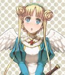  1girl :o angel_wings blue_eyes cross double_bun eiyuu_senki hairband jeanne_d'arc_(eiyuu_senki) shoe-ji solo twintails wings 