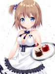  1girl bare_shoulders blue_eyes blush breasts brown_hair cake choker cleavage closed_mouth collarbone commentary_request dress food frilled_dress frills fruit hair_bobbles hair_ornament holding holding_tray misaki_(misaki86) one_side_up original sleeveless sleeveless_dress slice_of_cake small_breasts smile solo strawberry strawberry_shortcake tray white_background white_choker white_dress 