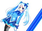  bad_id bad_pixiv_id blue_eyes blue_hair hand_on_hip hatsune_miku headset long_hair mittens okazaki_mitsuki skirt smile solo thighhighs twintails vocaloid yuki_miku 