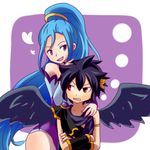  1girl :d amazon_pandora angel_wings annoyed armlet black_hair black_wings blue_hair bracelet bracer dark_pit detached_sleeves fluora high_ponytail jewelry kid_icarus kid_icarus_uprising leotard long_hair lowres open_mouth pandora_(kid_icarus) purple_eyes red_eyes smile very_long_hair wings 