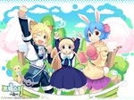  2girls angel_wings animal_ears blonde_hair blue_eyes blue_hair blush bow boxing_gloves braid bunny_(trickster) bunny_ears cat_ears dress fang frills green_eyes headband hood hoodie jacket lion_(trickster) long_hair multiple_girls one_eye_closed open_mouth pleated_skirt red_eyes short_hair shorts skirt trickster twin_braids wings 