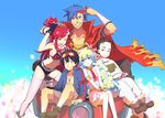  3boys annoyed armlet bandages bikini_top blue_hair book bracelet brown_hair bsy cape flower hair_flower hair_ornament hand_on_another's_head jewelry kamina kamina_shades lagann mecha multicolored_hair multiple_boys multiple_girls nia_teppelin red_hair rossiu shirtless short_shorts shorts simon sitting smile tattoo tengen_toppa_gurren_lagann thighhighs two-tone_hair yoko_littner 