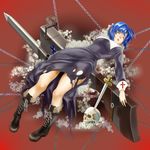  blue_hair chain ciel closed_eyes daisy flower habit highres miruhito_(sakiomiruhito) pile_bunker seventh_holy_scripture short_hair skull solo torn_clothes tsukihime 
