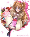  2012 black_legwear blue_eyes blush brown_hair candy checkerboard_cookie chocolate coat cookie doughnut dutch_angle embarrassed english eyelashes food from_above fur_coat fur_collar fur_trim gift gift_bag hair_ribbon heart highres houjou_hibiki incoming_gift long_hair looking_at_viewer macaron mahkn pastry precure ribbon shadow solo sparkle sprinkles standing suite_precure sweets thighhighs two_side_up valentine white_background winter winter_clothes 