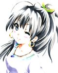  akira_(umihan) black_hair blue_eyes blush earrings ganaha_hibiki hoop_earrings idolmaster idolmaster_(classic) jewelry long_hair necklace one_eye_closed ponytail smile solo traditional_media 