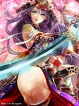  bad_id bad_pixiv_id bandages bare_shoulders blue_eyes breasts long_hair medium_breasts navel open_mouth pisuke purple_hair sengoku_saga solo sword takahashi_jouun_(sengoku_saga) weapon 