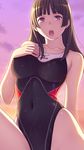  :o backlighting black_hair character_request competition_swimsuit kuri_(kurigohan) long_hair mizuno one-piece_swimsuit open_mouth outdoors purple_eyes solo swimsuit wet 