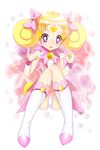  blonde_hair boots bow bowtie candy_(smile_precure!) cure_candy double_bun facial_mark forehead_mark full_body hair_bow heart highres magical_girl panties pantyshot pantyshot_(sitting) peacemaker777 personification pink_background pink_bow precure purple_eyes short_hair sitting smile_precure! solo star starry_background underwear white_panties 