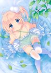  1girl absurdres blonde_hair blue_eyes copyright_request dress highres knees_together_feet_apart leaf looking_up pan_(mimi) side_ponytail sitting sundress water wet wet_clothes 