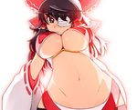  adapted_costume alternate_costume black_eyes black_hair black_legwear bow breasts detached_sleeves eyepatch hair_bow hair_tubes hakurei_reimu kosame_daizu large_breasts long_hair navel revealing_clothes simple_background solo thighhighs touhou underboob white_background 