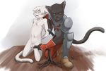  anthro aogami armor balls cat crying cub duo feline kneeling looking_at_viewer male mammal nipples nude open_mouth penis smile tears text whip wood yellow_eyes young 