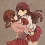  braid brown_eyes brown_hair crossover flower hair_flower hair_ornament holding_hands ib ib_(ib) long_hair madotsuki multiple_girls pink_shirt red_eyes shirt skirt tsukudato twin_braids yume_nikki 