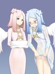  angel_wings angry ar_tonelico ar_tonelico_iii battlegaregga blue_eyes blue_hair blush clenched_teeth clothes dress flower hair_flower hair_ornament harvestasya_vista harvestasya_xp highres multiple_girls pink_hair see-through sidelocks smile tears teeth towel wet wet_clothes wet_dress wings wringing_clothes 