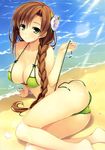  arm_support ass bare_legs bare_shoulders beach bikini braid breasts brown_hair cleavage flower green_bikini green_eyes hair_flower hair_ornament hair_over_shoulder highres koikishi_purely_kiss kuninaka_kaori large_breasts lens_flare long_hair looking_at_viewer lying side-tie_bikini single_braid smile solo strap_gap swimsuit twisted_torso untied yuuki_hagure 