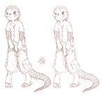  ambiguous_gender blush caught clothing daniel_chung danny hanging_out kepora looking_at_viewer male pangolin penis plain_background sandals scales scalie shirt shorts solo text white_background 