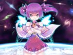  aisha_(elsword) angry bad_id bad_pixiv_id bare_shoulders battle_magician_(elsword) clenched_teeth crossed_arms dexp elsword galaxy gloves gunbuster_pose highres long_hair magic_circle parody planet purple_eyes purple_hair purple_skirt skirt solo space teeth twintails 