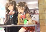  blazer brown_hair cardigan cd cellphone closed_eyes green_eyes half_updo headphones idolmaster idolmaster_cinderella_girls jacket long_hair multiple_girls necktie one_eye_closed open_mouth phone plaid plaid_skirt school_uniform shibuya_rin shibuya_susano shimamura_uzuki skirt smile 