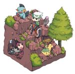  1girl angry bandana bicycle faux_figurine gen_3_pokemon ground_vehicle isometric marshtomp nature numel pokemon pokemon_(creature) pokemon_(game) pokemon_emerald pokemon_rse poochyena riding rock spoink surprised team_magma team_magma_grunt tree ueshita yuuki_(pokemon) 