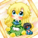  ascot bad_id bad_pixiv_id blonde_hair blue_eyes blush chibi doll doll_(ib) dress flower green_dress ib long_hair lowres mary_(ib) open_mouth rebecca_(keinelove) rose sitting solo stuffed_toy v_arms yellow_flower yellow_rose 