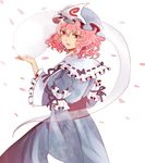  back breasts cherry_blossoms hat hitodama japanese_clothes looking_back medium_breasts obi petals pink_hair potesara red_eyes saigyouji_yuyuko sash short_hair solo touhou triangular_headpiece 