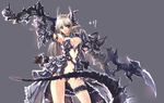  arm_up black_eyes breasts cleavage demon_girl dress gauntlets grey_background horns huge_weapon large_breasts legs long_hair original pointy_ears silver_hair simple_background solo sword tail thigh_strap thighs weapon windforcelan 