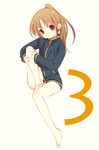  bad_id bad_pixiv_id bare_legs barefoot bottomless brown_hair feet jacket leg_up long_hair long_sleeves naked_track_jacket no_panties no_pants ponytail red_eyes saki saki_achiga-hen sitting solo takakamo_shizuno tokumi_yuiko track_jacket 