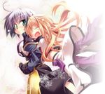  blonde_hair blush closed_eyes fingerless_gloves gloves green_eyes hug hug_from_behind kazekawa_nagi long_hair long_sleeves looking_back lyrical_nanoha mahou_shoujo_lyrical_nanoha mahou_shoujo_lyrical_nanoha_a's mahou_shoujo_lyrical_nanoha_a's_portable:_the_battle_of_aces mahou_shoujo_lyrical_nanoha_a's_portable:_the_gears_of_destiny material-d multiple_girls open_mouth puffy_sleeves short_hair silver_hair u-d 