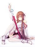  arm_support armor asuna_(sao) bare_shoulders blush brown_eyes brown_hair detached_sleeves full_body high_heels highres leg_up legs long_hair long_legs pen_(steelleets) shoes sitting smile solo sword sword_art_online thighhighs thighs weapon white_background white_legwear 