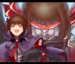  :d amami_haruka aqua_eyes bow brown_hair cape dark_haruka elbow_gloves fingerless_gloves gloves harustein idolmaster idolmaster_(classic) jyon letterboxed mecha mujin_gattai_kisaragi necktie open_mouth outstretched_arm outstretched_hand smile 
